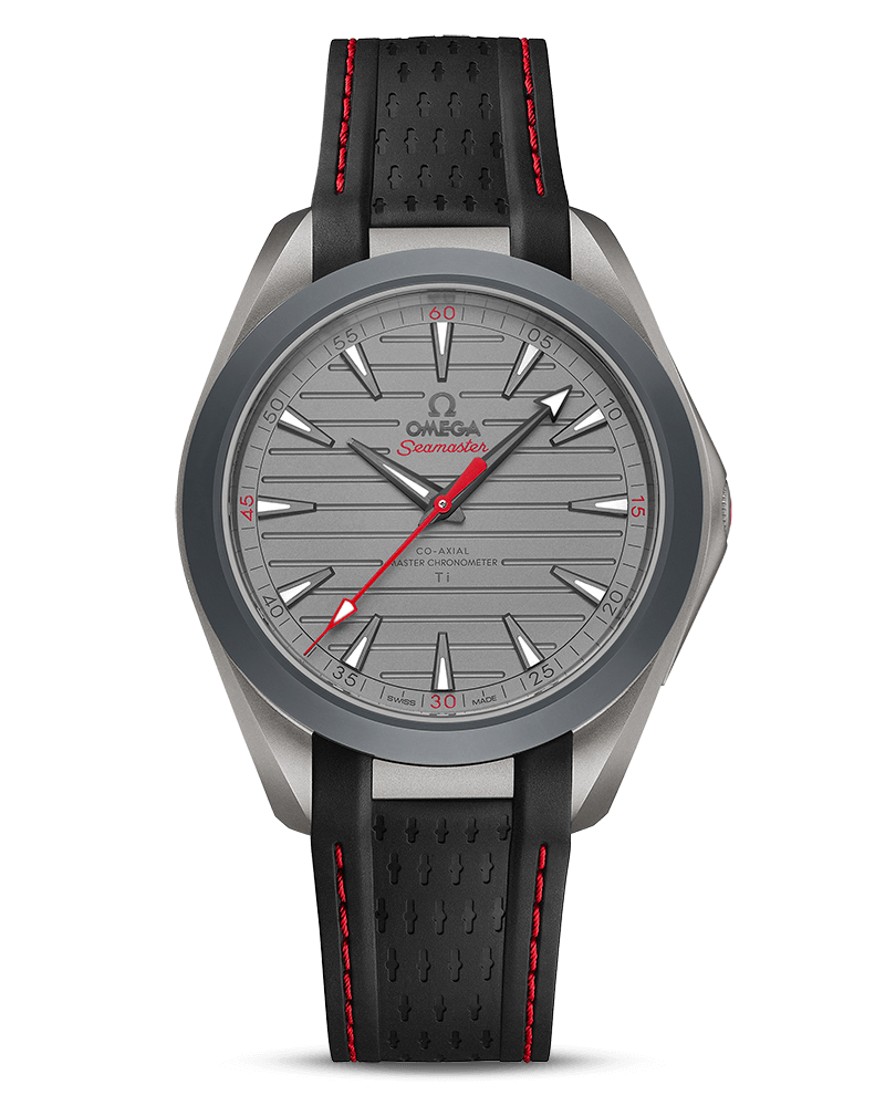 A steel watch with a red and grey face