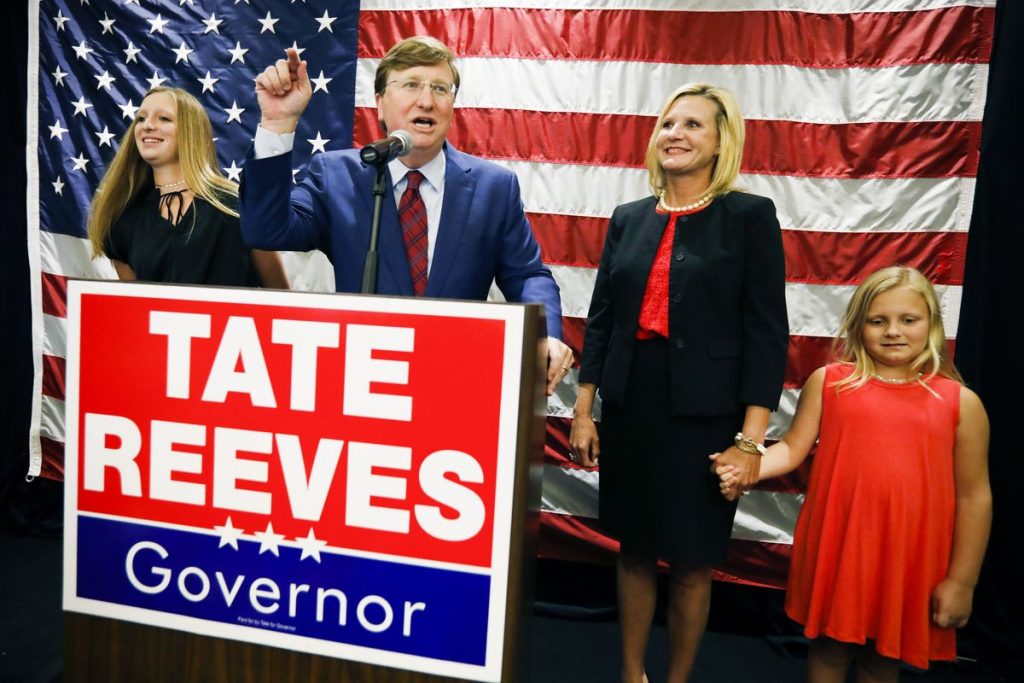 Lieutenant Governor Tate Reeves with his family at his victory party.