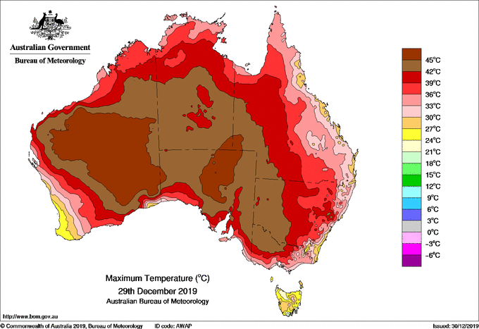 A map of maximum temperatures across Australia on December 29, 2019.