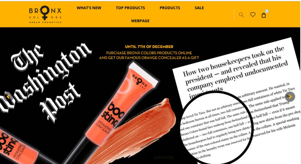 A makeup e-commence website with a screenshot of a news article about the makeup being used by president Trump and tubes of the orange makeup.