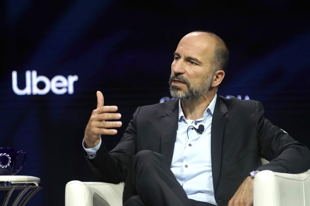 Uber CEO Dara Khosrowshahi speaks onstage at a summit in New York City.