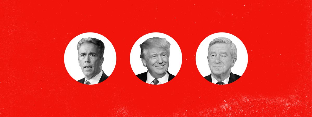 An arrangement of the republicans still running for president on a red background.