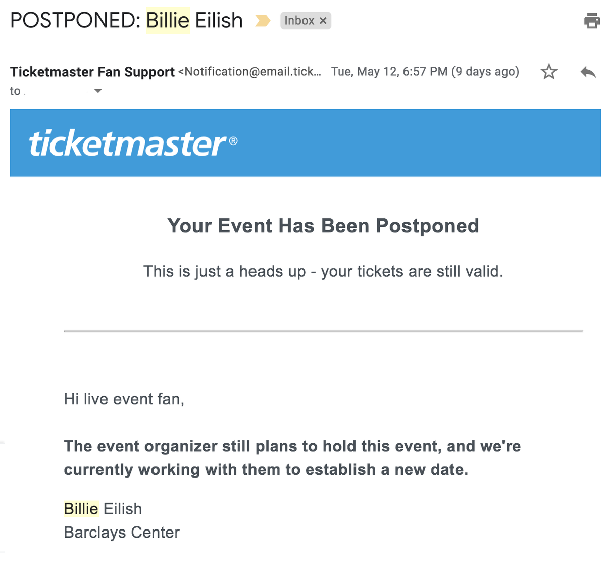 Screenshot of an email from Ticketmaster