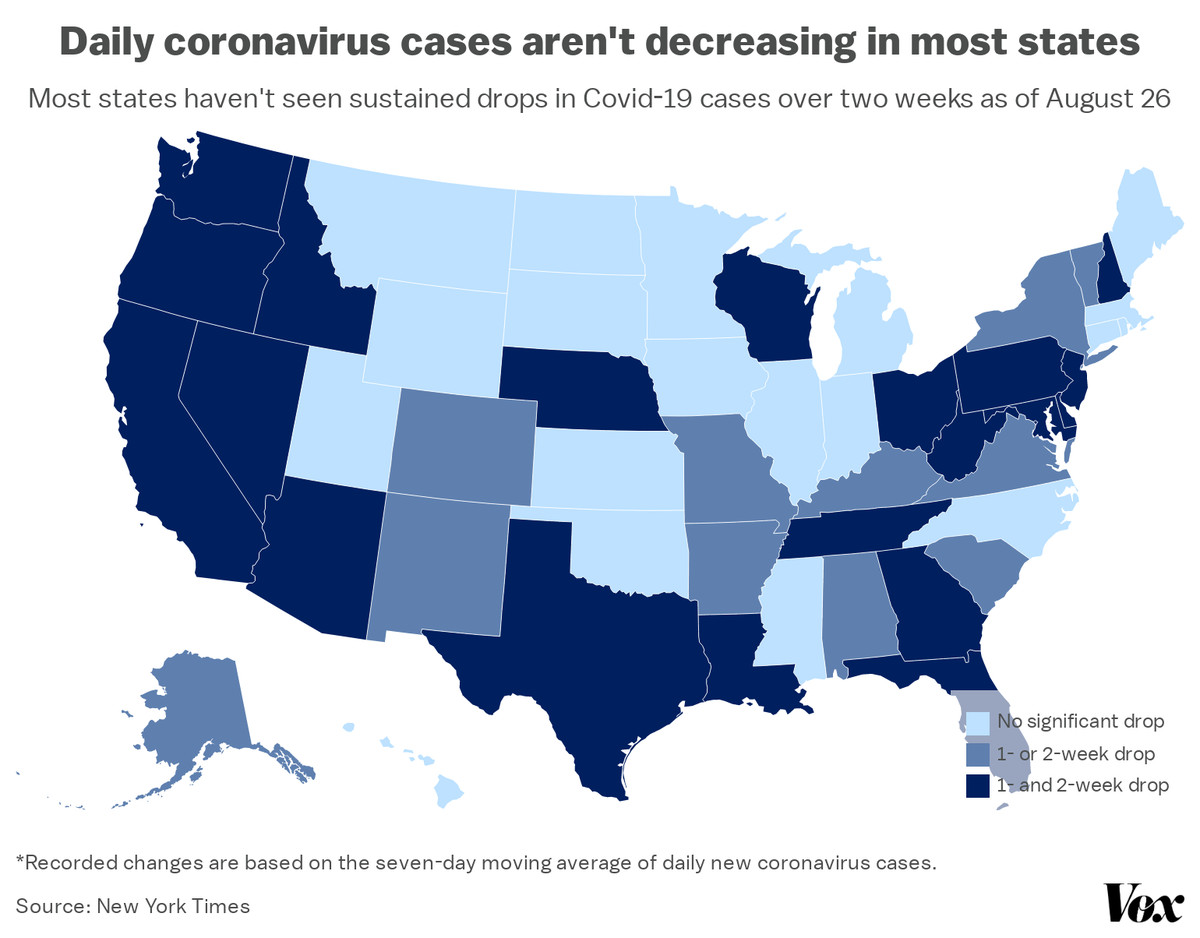 A map depicting changes in coronavirus cases by state.