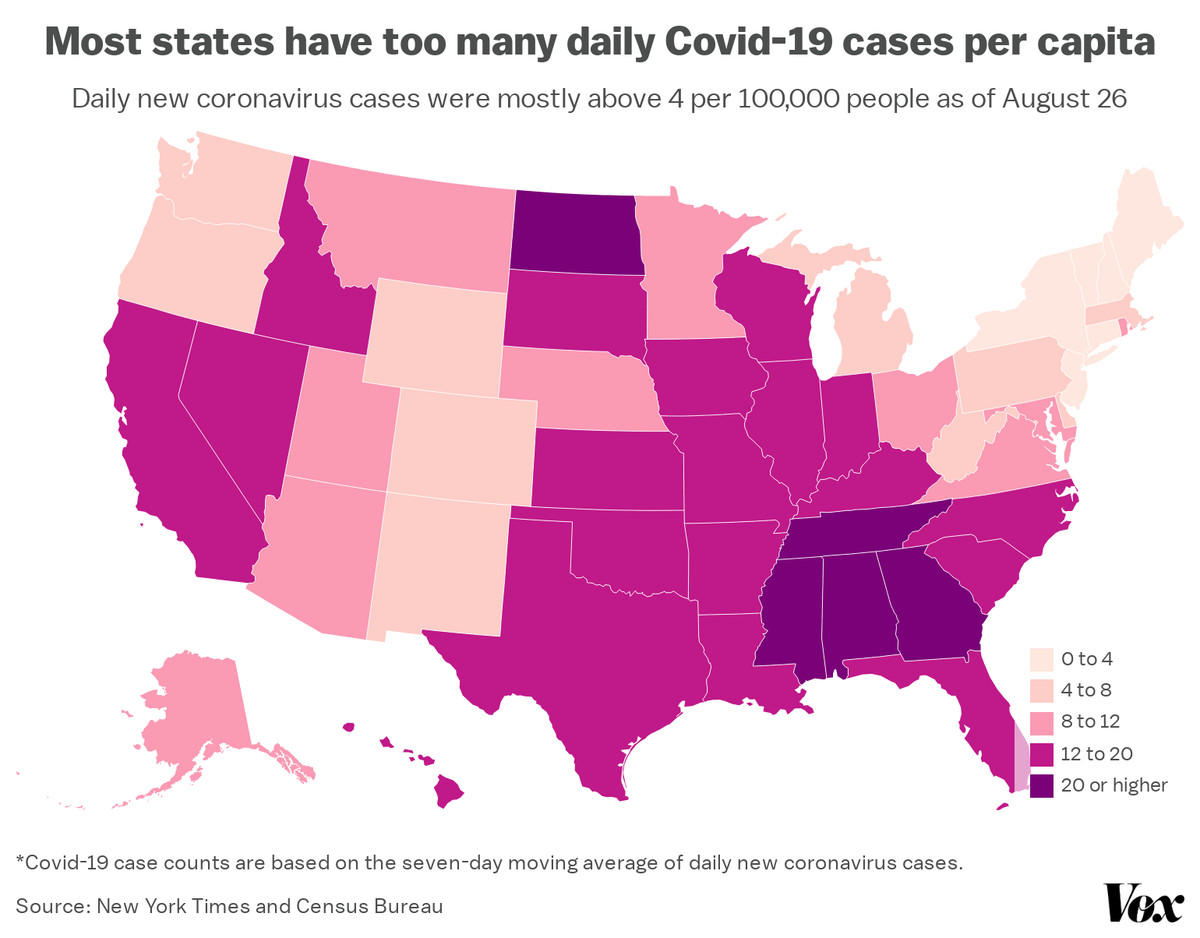 A map of coronavirus cases per capita, state by state.