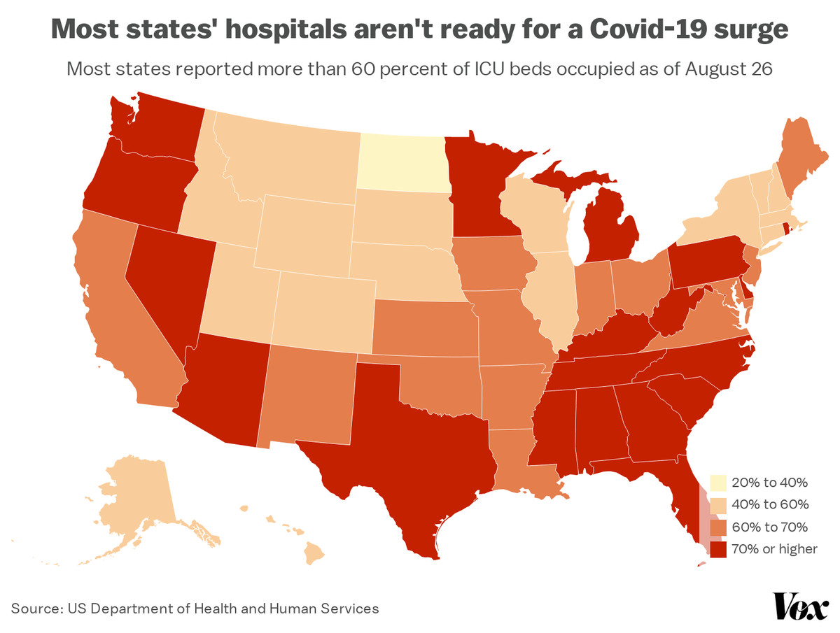 A map of ICU occupancy in each state.
