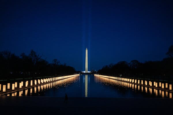 A memorial in Washington in January for the 400,000 lives lost to the coronavirus in the United States.  President Biden has said that the memorial will not be the country’s last.