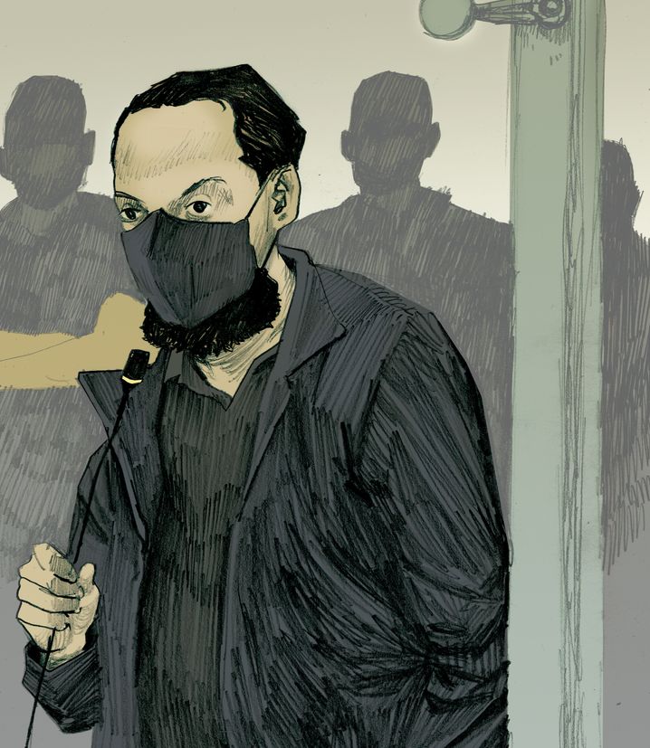 A courtroom illustration of Abdeslam from Le Monde: "I was a quiet, nice child who obeyed his parents.”